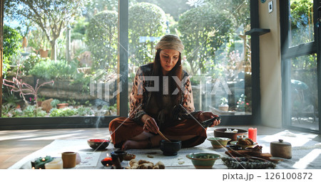 Woman, natural medicine and meditation with naturopath for Buddhism, ceremony and culture in studio. Female healer, herbs and aromatherapy for spirituality with chakra clean or alternative healing 126100872