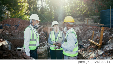 Engineering, people and meeting on construction site with radio, discussion and update with tablet. Woman inspector, mature team and tech in worksite foundation with contact for project management Engineering, people and meeting on construction site with radio, discussion and update with tablet. Woman inspector, mature team and tech in worksite foundation with contact for project management 126100914