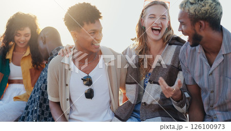 Couple of friends, travel and laugh outdoor on holiday, vacation and relax with gen z students on gap year. People, happy group and conversation for tourism, talking and share funny story with joke Couple of friends, travel and laugh outdoor on holiday, vacation and relax with gen z students on gap year. People, happy group and conversation for tourism, talking and share funny story with joke 126100973