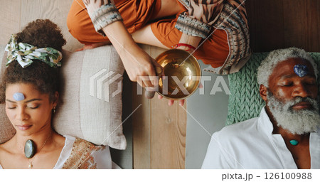 Hands, person and bowl for Tibetan singing with people for healing, sound ritual and vibration therapy. Healer, soul music and instrument of indigenous meditation, spiritual mantra and chakra balance 126100988