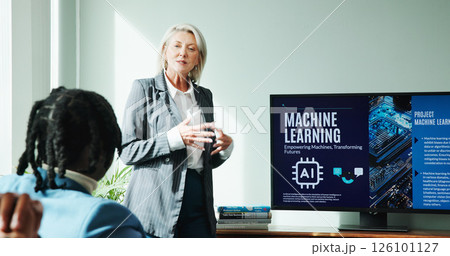 Woman, speech and screen for meeting with workshop, presentation and employee engagement. Data analyst, seminar and explain with speaker, AI training and briefing for advice for machine learning 126101127