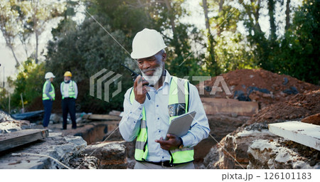 Building, radio and tablet with developer man on excavation site for communication, planning or update. Architecture, conversation and hardhat with construction worker outdoor for engineering 126101183