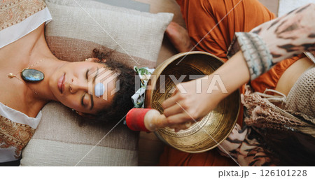 Healing, gemstone and woman with healer, hands and meditation for self awareness, spiritual and calm. Inner peace, chakra and zen with ceremony for soul, holistic and awakening of person with mantra 126101228