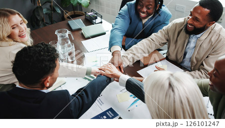 Business people, hands together and meeting for deal with documents, proposal or employee engagement. Data analyst, huddle and graphs with celebration, project and advice for community discussion Business people, hands together and meeting for deal with documents, proposal or employee engagement. Data analyst, huddle and graphs with celebration, project and advice for community discussion 126101247