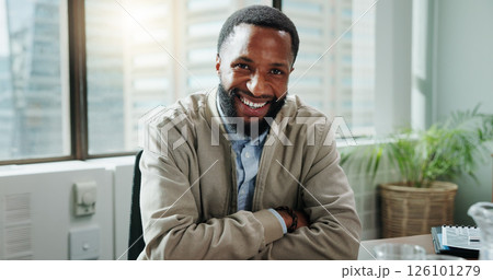 Portrait, business and happy black man with arms folded in office for pride as financial advisor. Smile, employee and confident professional worker, wealth consultant and money manager in Kenya Portrait, business and happy black man with arms folded in office for pride as financial advisor. Smile, employee and confident professional worker, wealth consultant and money manager in Kenya 126101279