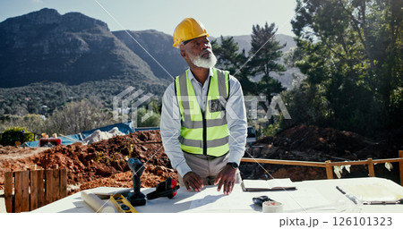 Thinking, black man and architect with blueprint at site for planning, inspection and ideas for design. Mature person, thoughts and document of quality control, infrastructure progress and renovation 126101323