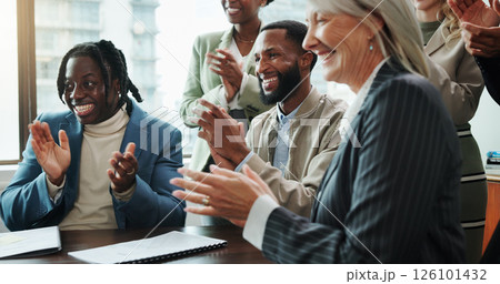 Business, people and happy with applause in seminar for company excellence, recognition and celebration. Financial conference, employees and clapping hands for finance growth, good news and support 126101432