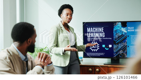 Business woman, screen and ai presentation for new innovation, idea and machine learning product promotion. African speaker, office and pitch proposal to team for equity funding or tech investment Business woman, screen and ai presentation for new innovation, idea and machine learning product promotion. African speaker, office and pitch proposal to team for equity funding or tech investment 126101466