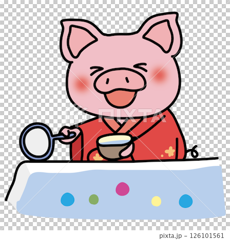 一隻穿著紅色浴衣的豬正在玩撈球遊戲 126101561