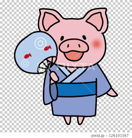 一隻穿著藍色浴衣、拿著扇子的豬 126101567