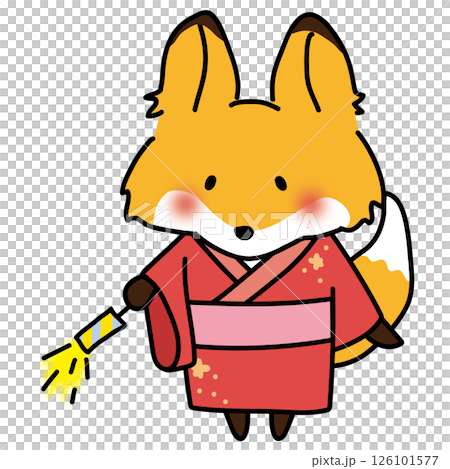 A fox wearing a yukata and playing hand-held fireworks 126101577