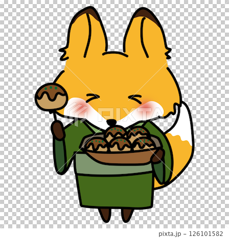 A fox wearing a yukata eating takoyaki 126101582