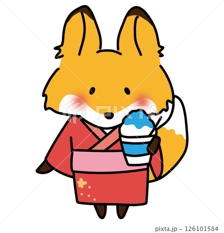 浴衣を着てかき氷を食べるキツネ 126101584