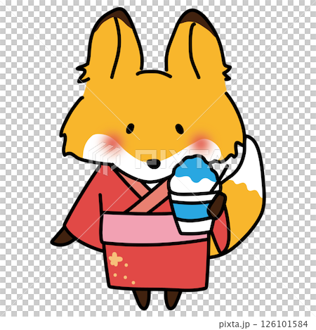 浴衣を着てかき氷を食べるキツネ 126101584