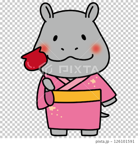 一隻穿著浴衣的河馬拿著一顆糖蘋果 126101591
