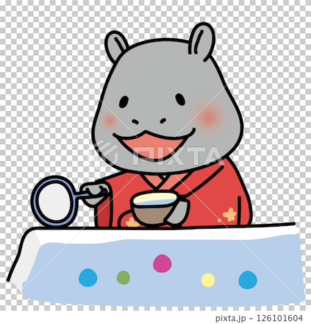 A hippopotamus wearing a red yukata playing ball scooping A hippopotamus wearing a red yukata playing ball scooping 126101604