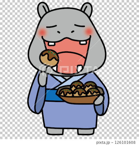 浴衣を着てたこ焼きを食べるカバ 126101608