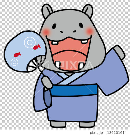 身穿藍色浴衣、手持扇子的河馬 126101614