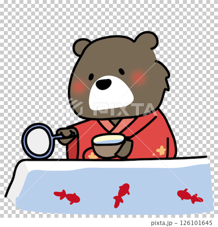 一隻穿著紅色浴衣的熊正在撈金魚 126101645