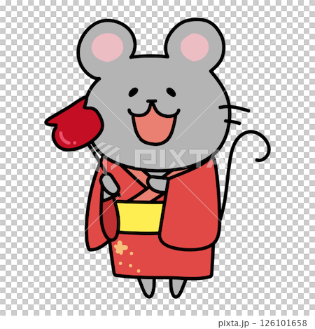 A mouse wearing a yukata holding a candy apple 126101658
