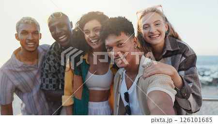 Friends, people and happy with selfie at beach for social media, travel memory and profile picture update. Diversity, group or photography on weekend adventure with laughing, support or internet post Friends, people and happy with selfie at beach for social media, travel memory and profile picture update. Diversity, group or photography on weekend adventure with laughing, support or internet post 126101685