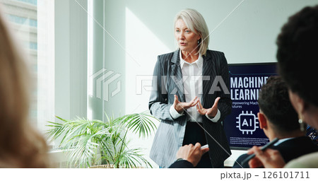 Woman, presentation and screen for meeting with workshop, speech and employee engagement. Data analyst, seminar and explain with speaker, AI training and briefing for advice for machine learning Woman, presentation and screen for meeting with workshop, speech and employee engagement. Data analyst, seminar and explain with speaker, AI training and briefing for advice for machine learning 126101711