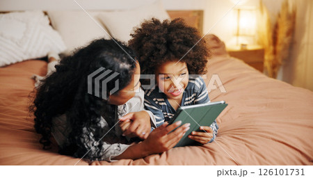 Happy mom, child and watching with tablet in bedroom for online entertainment, cartoon or movie at home. Parent, mother or kid with smile, technology or app for fun subscription, game or shows on bed Happy mom, child and watching with tablet in bedroom for online entertainment, cartoon or movie at home. Parent, mother or kid with smile, technology or app for fun subscription, game or shows on bed 126101731