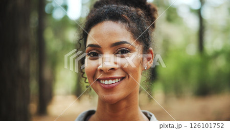 Woman, portrait and happy with hiking in forest for travel adventure, weekend break and sightseeing nature. Smile, person and trekking in woods for holiday exploration, outdoor journey and confidence Woman, portrait and happy with hiking in forest for travel adventure, weekend break and sightseeing nature. Smile, person and trekking in woods for holiday exploration, outdoor journey and confidence 126101752
