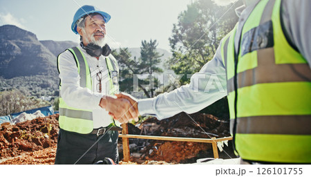 Construction worker, partnership and people shaking hands outdoor for agreement on development deal. Mature man, builder or engineers together for excavation, contract or collaboration with handshake Construction worker, partnership and people shaking hands outdoor for agreement on development deal. Mature man, builder or engineers together for excavation, contract or collaboration with handshake 126101755