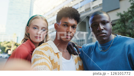 Gen z friends, selfie and portrait in city with diversity, fashion and outdoor on urban sidewalk. People, men and woman with photography, profile picture and group together on social network in road Gen z friends, selfie and portrait in city with diversity, fashion and outdoor on urban sidewalk. People, men and woman with photography, profile picture and group together on social network in road 126101772