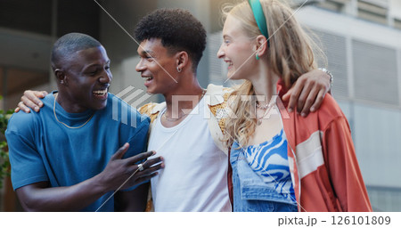 Hug, fashion and friends in city, people and bonding together with happiness, diversity and stylish clothes. Outdoor, embrace and group with joke walking and funny with trendy outfit, gen z or smile 126101809