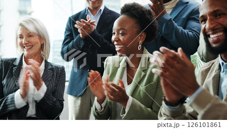 Business, people and audience with applause in seminar for company excellence, recognition or celebration. Financial conference, employees and clapping hands for finance growth, good news and support 126101861