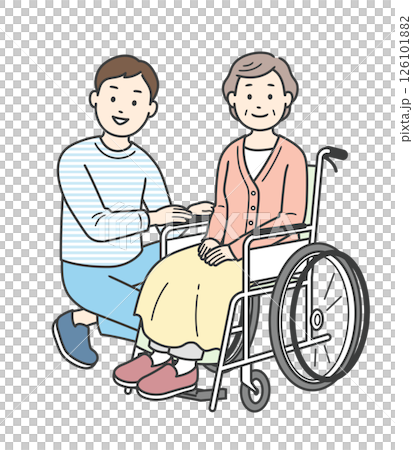 一名坐在輪椅上的老年婦女和一名協助她的男性護理人員的插圖 126101882
