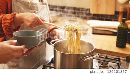 Hands, house and couple with pasta, cooking and dish with nutrition, organic dinner and wellness. Closeup, ingredients or people in kitchen, healthy meal or serve with diet, spaghetti or Italian food 126101887