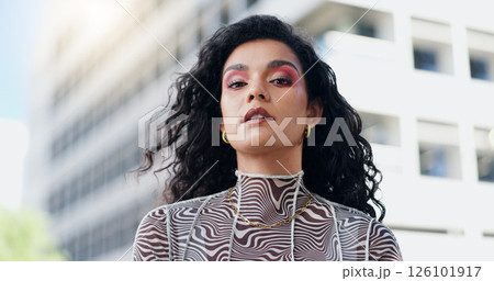 Serious, fashion and portrait of woman in city with makeup, streetwear or trendy clothes. Beauty, confident and female person with facial cosmetics and stylish, edgy or casual outfit in urban town. 126101917