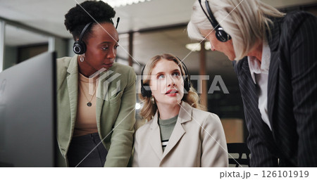 Call center, group and mentor coaching women for customer service or sales advice at night. Computer, contact us and telemarketing manager with discussion, helping interns and training in office 126101919