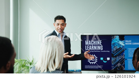 Businessman, screen and ai presentation at conference for new innovation, idea and machine learning. Speaker, office and pitch proposal to team for equity funding or technology investment workshop Businessman, screen and ai presentation at conference for new innovation, idea and machine learning. Speaker, office and pitch proposal to team for equity funding or technology investment workshop 126101924