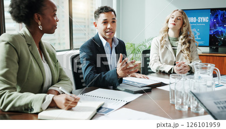 Meeting, corporate and people explaining in office for planning, neuroscience and innovation ideas. Manager, presentation and briefing with paperwork, brain technology and proposal with neurofeedback 126101959