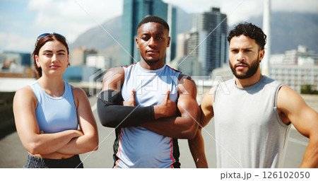 Fitness, portrait and team with arms crossed, outdoor and wellness with personal trainer in morning and men. Break, serious and people with muscle in city, healthy and friends with sportswear in USA 126102050