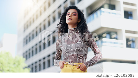 Style, serious and portrait of woman in city for streetwear, trendy or gen z clothes. Confident, cool and face of female person from London with casual, edgy or fashion outfit in urban town. Style, serious and portrait of woman in city for streetwear, trendy or gen z clothes. Confident, cool and face of female person from London with casual, edgy or fashion outfit in urban town. 126102085