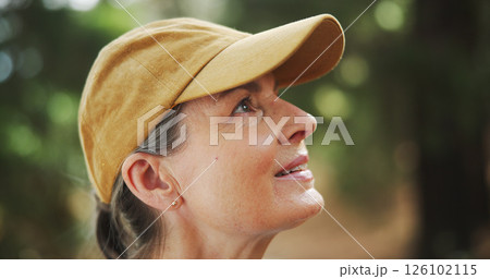 Hiking, thinking and senior woman with fitness, forest and thoughtful with reflection. Healthy person, outdoor or hiker with weekend break, environment or countryside with wellness, travel or journey 126102115