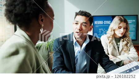 Business, people and talking with proposal in office for planning, neuroscience and innovation ideas. Manager, presentation and briefing with paperwork, brain technology and document of neurofeedback Business, people and talking with proposal in office for planning, neuroscience and innovation ideas. Manager, presentation and briefing with paperwork, brain technology and document of neurofeedback 126102252