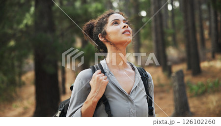 Hiking, thinking and woman in woods, travel and thought with reflection, break or environment. Healthy person, outdoor and hiker with nature, explore or countryside with wellness or journey in forest Hiking, thinking and woman in woods, travel and thought with reflection, break or environment. Healthy person, outdoor and hiker with nature, explore or countryside with wellness or journey in forest 126102260