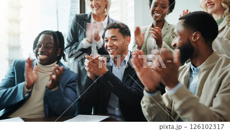 Business, people and celebration with applause in meeting for employee promotion, recognition and achievement. Financial conference, clapping hands and support for finance bonus, good news and growth 126102317