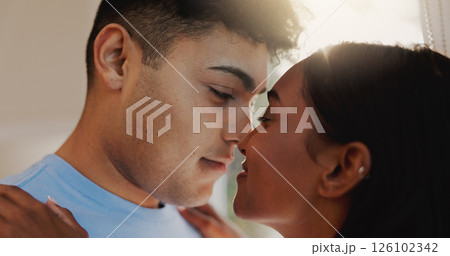 Love, nose and romance with couple in home together for morning affection, bonding or wake up. Safety, security or smile with man and woman in apartment for commitment, marriage or relationship 126102342