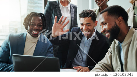 Business people, laptop and wave for video conference, collaboration and webinar in office. Discussion, team and tech for online seminar, virtual meeting or introduction for international network 126102343
