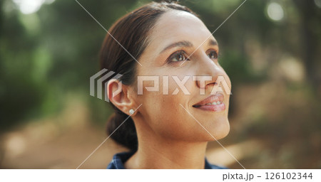 Hiking, thinking and woman with fitness, travel and thoughtful with reflection. Healthy person, outdoor and hiker with break, nature and countryside with wellness, daydreaming and explore with wonder 126102344
