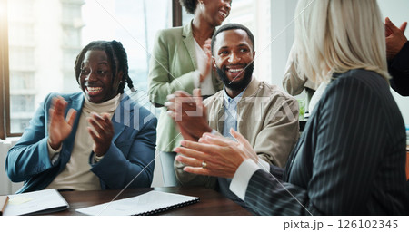 Business, people and team with applause in seminar for company recognition, sales excellence and achievement. Financial conference, employees and celebration for finance growth and positive feedback 126102345