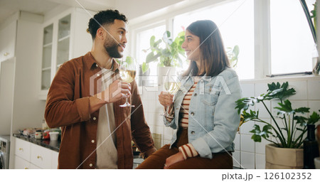 Kitchen, couple and glasses of wine for date, connection and anniversary in healthy relationship. Home, man and woman with alcohol drink for conversation, commitment and bonding with love in marriage Kitchen, couple and glasses of wine for date, connection and anniversary in healthy relationship. Home, man and woman with alcohol drink for conversation, commitment and bonding with love in marriage 126102352