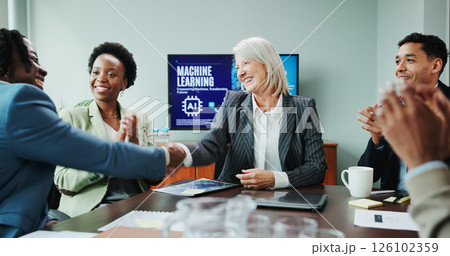 Business, people or handshake with celebration in meeting for hiring deal, machine learning seminar or applause. Data scientist, welcome or shaking hands with training coach for ai system development 126102359